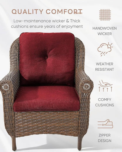 3 Piece Patio Brown Wicker Chairs with Side Table - Outdoor High Back Heavy Duty All-Weather Lawn Dining Rattan Chair Conversation Bistro Set for Deck Porch Balcony Backyard Garden - Red