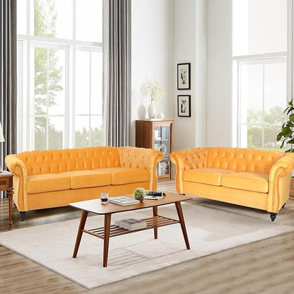 Velvet Loveseat Sofa, Mid Century Modern Upholstered Couch, 62" Oversized Comfy 2 Seater Love Seat Couch with Cushions, Tufted Chesterfield Sofa for Living Room, Bedroom, Apartment (Yellow)