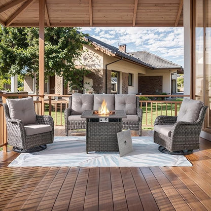 HUMMUH Patio Furniture with Fire Pit 4-Piece Wicker Outdoor Sectional Couch with Swivel Rocking Chairs, Propane Fire Pit Conversation Set for Garden, Backyard, Deck