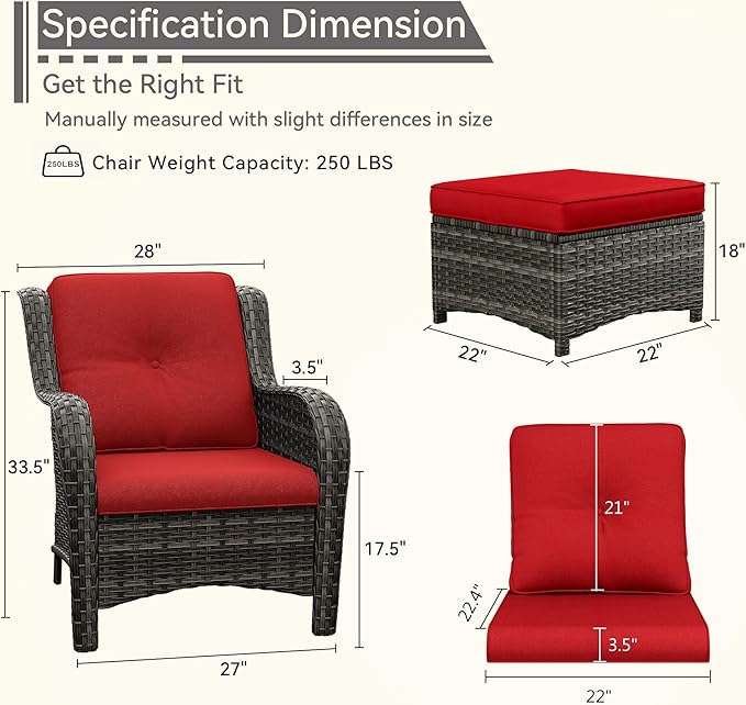 4 Pieces Patio Conversation Set, Wicker Chairs Set of 2 and Two Ottomans with 3.5-inch Seat Cushions, High Back and Curved Armrest for Backyard, Balcony and Deck, Red