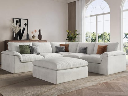 EASE MOOSE Boneless Modular Cloud Couch, Oversized L-Shaped Sectional Sofa for Living Room with Ottoman, Extra Large Movable Couches, 6-Deep-Seat Sofas for Bedroom, Apartment, Chenille (White)