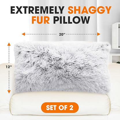 Cheer Collection Throw Pillows for Couch and Bed, Soft Shaggy Throw Pillows with Inserts Included, Cozy Long Hair Faux Fur Pillows - Set of 2-12" x 20" - Gray