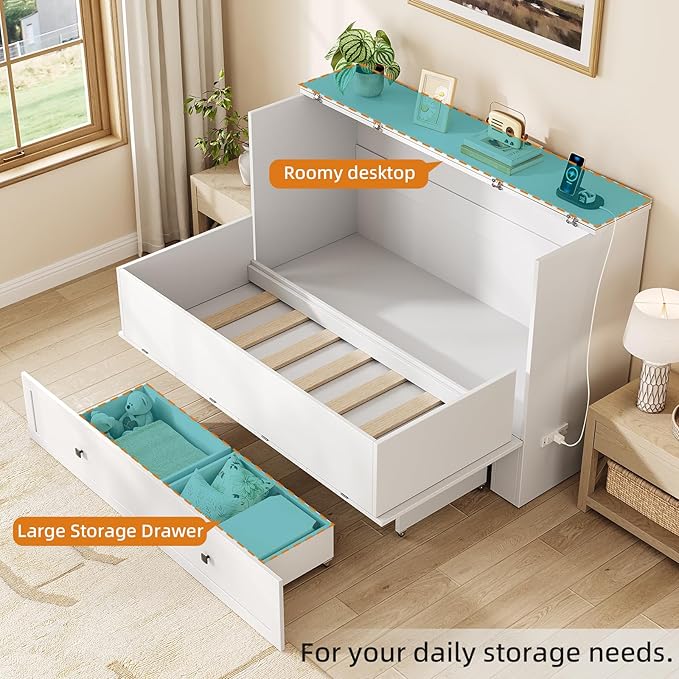 Murphy Bed Queen with Storage & Charging Station, Murphy Cabinet with Foldable Panel, Noisy Free, for Guest Bedroom, Living Room, Office, Distressed White