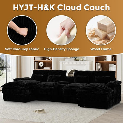 HYJT-H&K 124" U Shaped Cloud Couch Sectional, Comfy Fluffy Plush Corduroy Dark Black Sectional Couches for Living Room, Modern Modular Corduroy Couch Sectionals with Central Console & Double Chaise