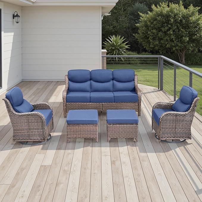 Rilyson Wicker Outdoor Patio Furniture Set - 5 Piece Patio Conversation Sets with Swivel Rocker Chairs, Ottomans and Sofa, 6 inch Cushions, Waterproof Wicker, for Porch Deck Brown/Blue
