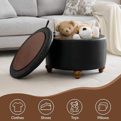 24Inch Round Storage Ottoman with Tray, Modern Tufted Leather Circle Coffee Table with Storage, Upholstered Ottoman with Removable Top for Living Room, Bedroom, Leather Black