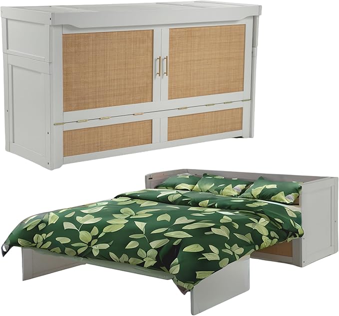 NIGHT & DAY Furniture Murphy Cube Cabinet Bed Pre-Assembled Queen (Clearance) (White with Rattan)