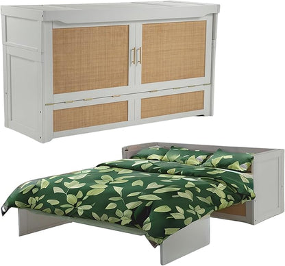 NIGHT & DAY Furniture Murphy Cube Cabinet Bed Pre-Assembled Queen (Clearance) (White with Rattan)