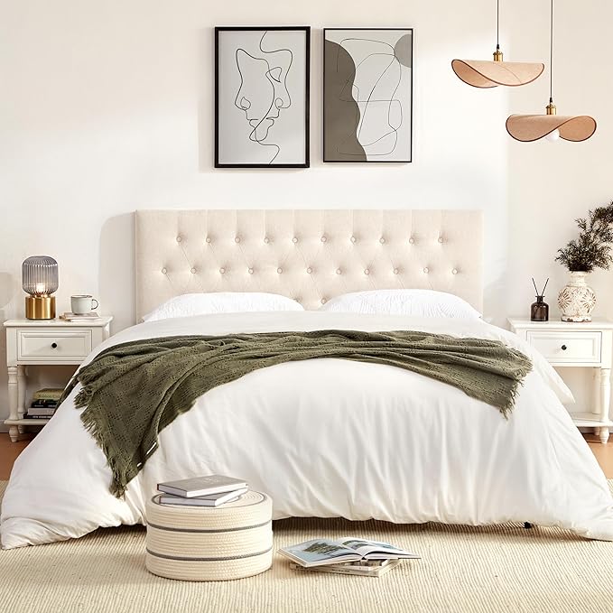 Tufted Upholstered Headboard Twin Size, Solid Wood Head Board with Durable Metal Legs, Adjustable Height Twin XL headboard from 37” to 51” Fabric Headboard in Modern Button Design, Beige