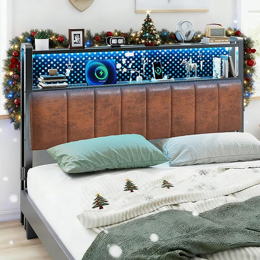 VINGLI Queen Size Headboard Only, Adjustable Upholstered Headboard with 2 Tier Shelves and Pegboard with Charging Stations and LED Lights, Modern Bed Headboard with Storage for Bedroom Decor