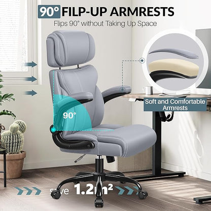 Office Chair, Ergonomic Big and Tall Computer Desk Chair with Retractable Adjustable Headrest, Executive Breathable Leather Chair, Lumbar Support Swivel PC Chair with Flip-up Armrests Rocking Function