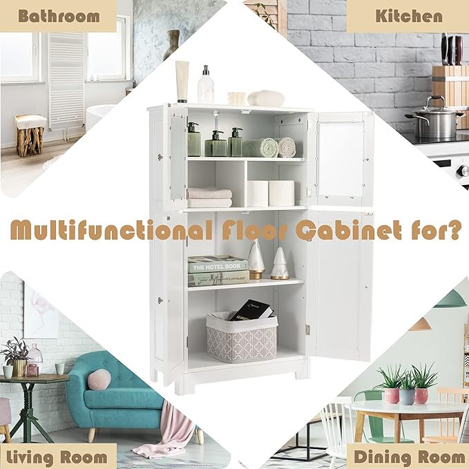 LOKO Bathroom Floor Cabinet, Storage Cabinet with Glass Doors, Wooden Kitchen Cupboard with Adjustable Shelf, Versatile Floor Storage Cabinet for Bathroom, Living Room & Kitchen (White)
