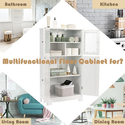 LOKO Bathroom Floor Cabinet, Storage Cabinet with Glass Doors, Wooden Kitchen Cupboard with Adjustable Shelf, Versatile Floor Storage Cabinet for Bathroom, Living Room & Kitchen (White)