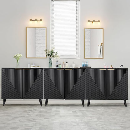 Fluted Storage Cabinet with Doors, Wood Sideboard Buffet Cabinet with Adjustable Shelf, Modern Accent for Living Room, Entryway (Set of 3, Black)