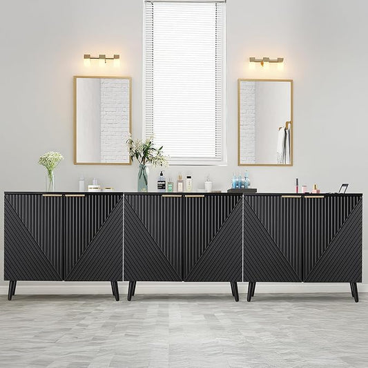 Fluted Storage Cabinet with Doors, Wood Sideboard Buffet Cabinet with Adjustable Shelf, Modern Accent for Living Room, Entryway (Set of 3, Black)