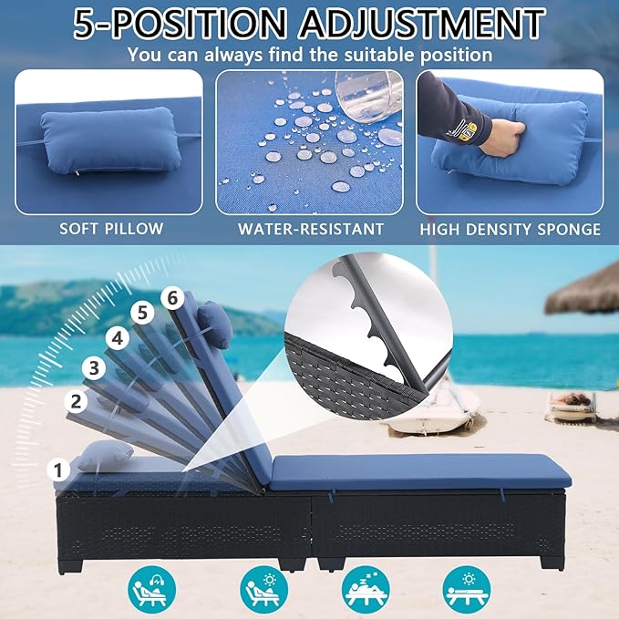 3 PCS Patio Chaise Lounge with Coffee Table Cushion&Pillow Outdoor Lounge Chair Chaise Lounger Patio Reclining Chair 5 Angle Adjustment Black PE Rattan for Courtyards Poolside (Navy)