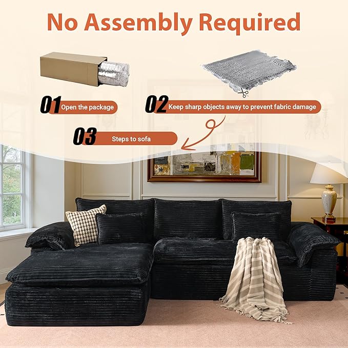 113 in Oversized Cloud Sofa with L Shape Chaise, Sectional Couches for Living Room, Assembly Free Modular Comfy Corduroy Sofa with Left Facing Chaise Longue for Home Apartment (Left Chaise, Black)