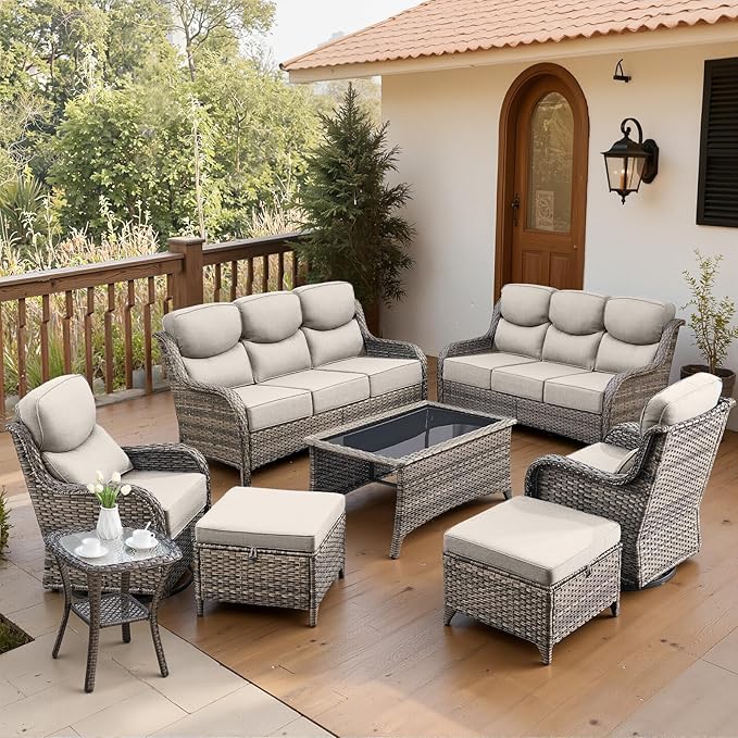 Belord Luxury 6" Thick Cushioned 8 Pieces Patio Furniture Set with Outdoor Couch, Wicker Outdoor Conversation Set with High Back Swivel Rocker Chairs for Deck Porch Yard and Poolside - Grey+Beige
