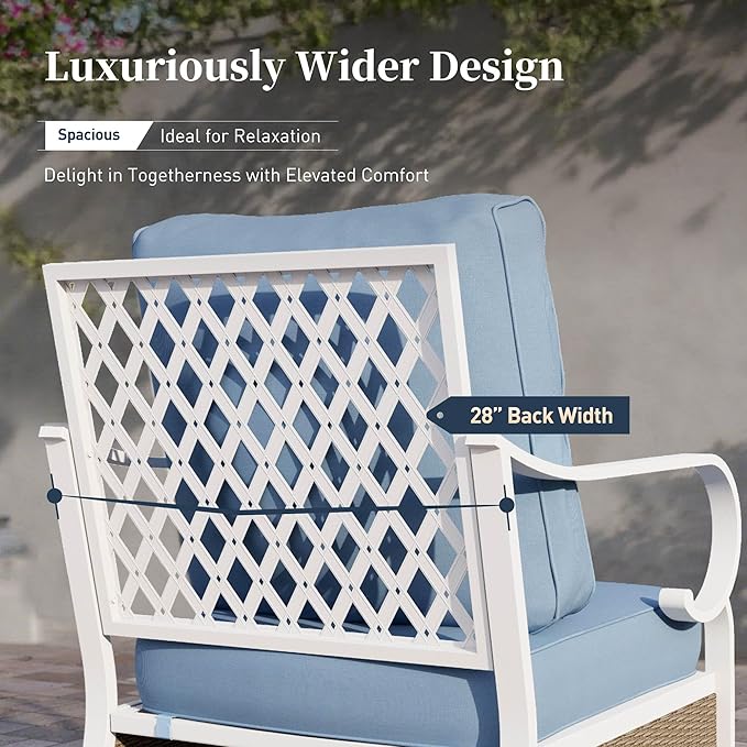 6 Piece Metal Outdoor Patio Furniture Set, Patio Conversations Set 3-Seater Sofa, 2-Seater Sofa, 2 Rocking Chair with 5.75" Thick Cushion & Coffee Table White Backyard Furniture, Blue
