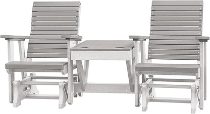 DutchCrafters Modern Horizontal Slat High Back Poly Double Glider Chairs with Center Table Outdoor Patio Furniture (White & Light Gray)