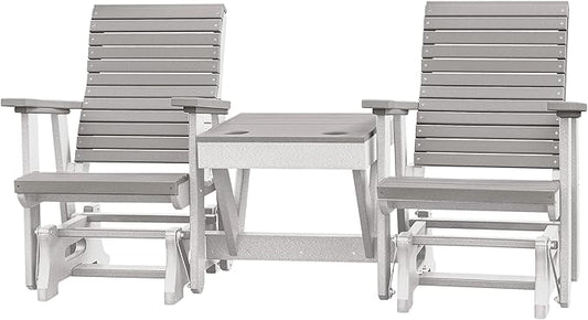 DutchCrafters Modern Horizontal Slat High Back Poly Double Glider Chairs with Center Table Outdoor Patio Furniture (White & Light Gray)