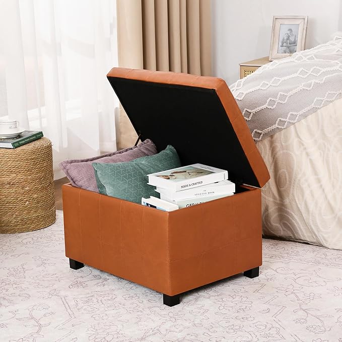 Asense Storage Ottoman Bench,Foot Stool Ottoman with Storage, Faux Leather Foot Rest Seat with Safety Hinge,Wood Legs Stool for Living Room, Bedroom,Enterway,Brown