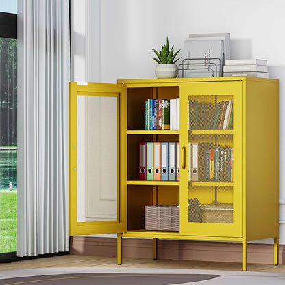Metal Storage Cabinet with Mesh Doors,Steel Display Cabinet with Adjustable Shelves,Metal Office Storage Locker for Home Office,Garage(Yellow, 40''H)
