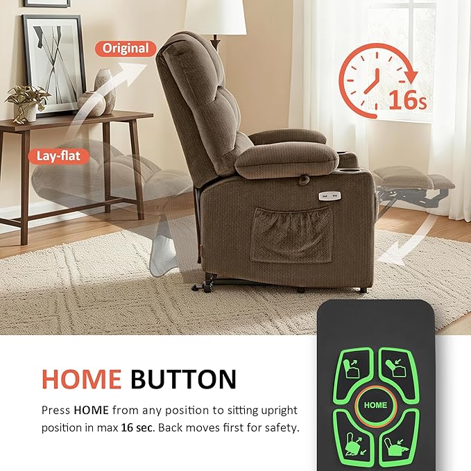 MCombo Large Dual Motor Power Lift Recliner Chair for Elderly, Massage and Heat, Lay Flat, Zero Gravity, Home Button, USB Port, Fabric 7680 (Large, Brown)