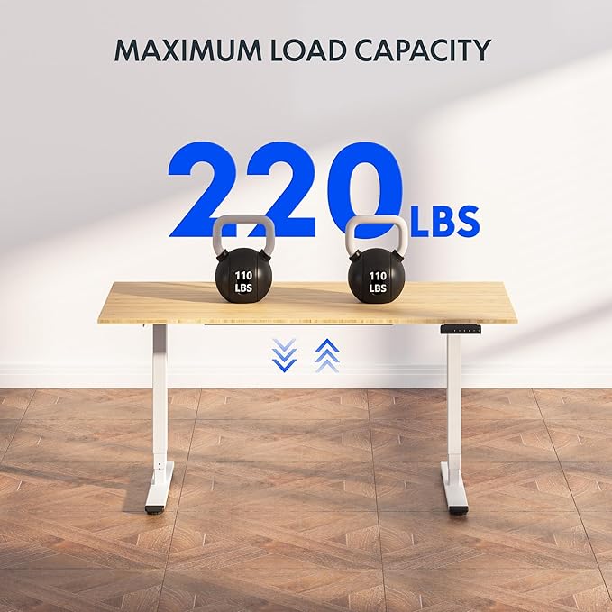 FLEXISPOT E6 Bamboo 3-Stage Dual Motor 60 x 30 Electric Standing Desk Sit Stand Up Desk, Holds 220 lbs, Adjustable Height w/Memory Presets, Solid Bamboo Desktop & White Frame, Ships in 2 Boxes
