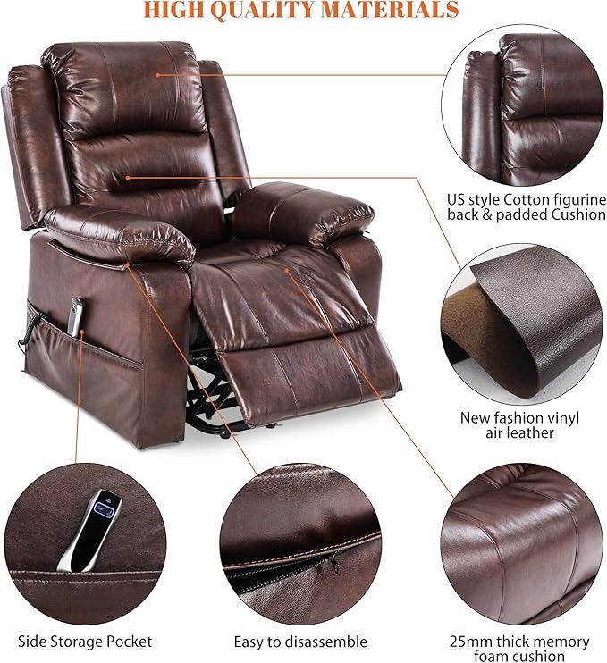 S*MAX Dual Motor Power Lift Recliners Chair for Elderly Infinite Position Full Air Leather Lay Flat Electric Recliner Chairs for Seniors Side Pockets USB Charge Port Brown