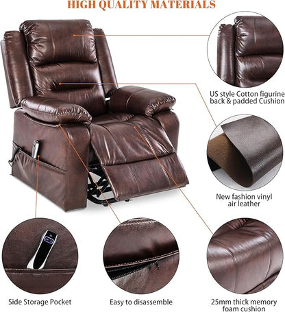 S*MAX Dual Motor Power Lift Recliners Chair for Elderly Infinite Position Full Air Leather Lay Flat Electric Recliner Chairs for Seniors Side Pockets USB Charge Port Brown