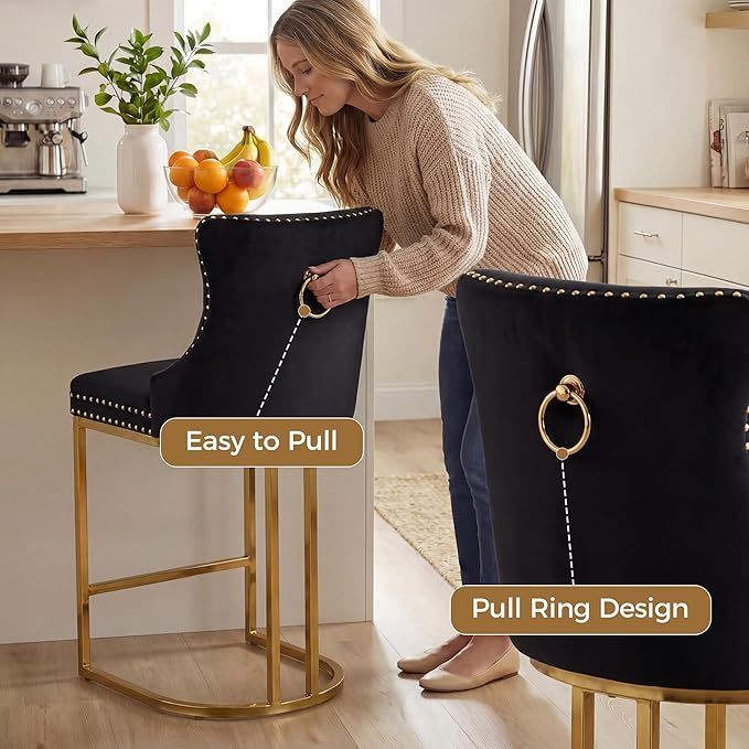 Counter Height Bar Stools Set of 2 for Kitchen Island, Modern Bar Stools with Backs, 26 Inch Barstools with Upholstered Velvet Seat and Metal Frame, Black