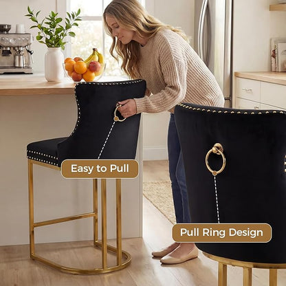 Counter Height Bar Stools Set of 2 for Kitchen Island, Modern Bar Stools with Backs, 26 Inch Barstools with Upholstered Velvet Seat and Metal Frame, Black