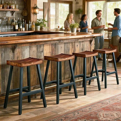 OUllUO Bar Stools Set of 3, Backless Saddle Barstools, 25" Counter Height Bar Stools, Solid Wood Counter Stools with Metal Frame, 521P-BBWD3