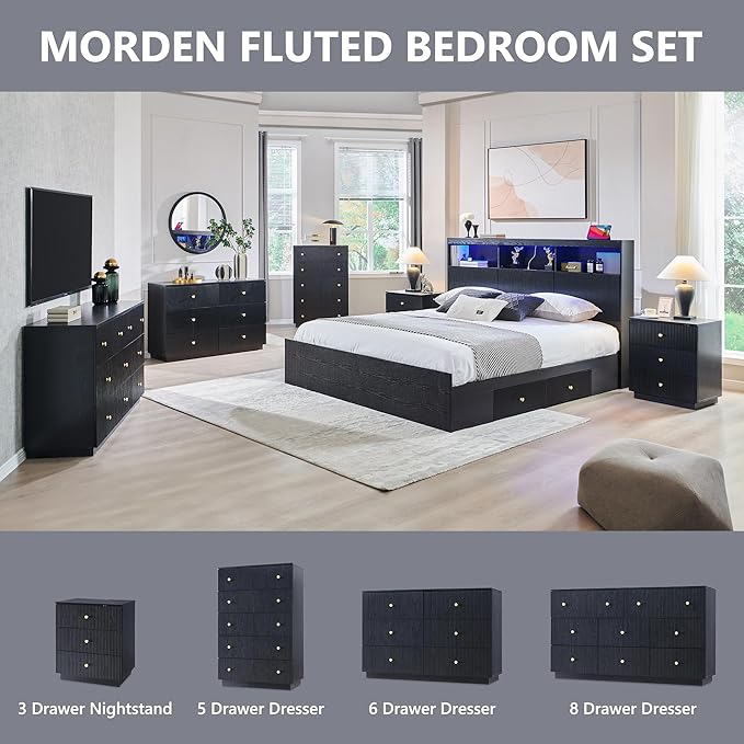Fluted Dresser for bedroom, 55"W Black 8 Drawer Dressers, Wood Tall Dresser Storage Organizer, Modern Bedroom Chest of Drawers with Deep Storage for Closet Hallway, Entryway, Living Room Black