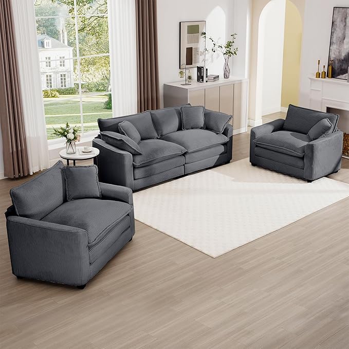 mikibama Luxury 3 Piece Sofa Set, Loveseat Couch & 2 Single Sofa Set, Modern Corduroy Comfy Cloud Couches Set for Living Room Office with 2 Armrest Pillows and 4 Toss Pillows, Grey