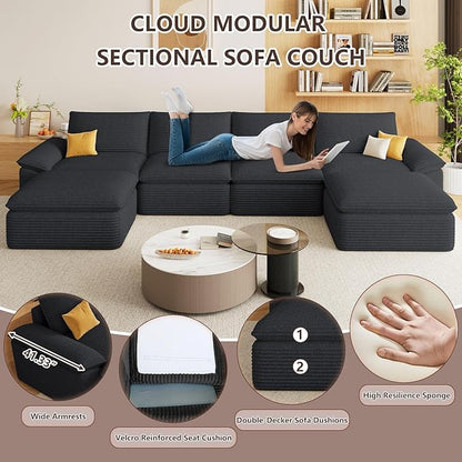 113.03" Sectional Couches for Living Room Modern Modular Sofa Couchs Upholstered Corduroy Boneless Couch Deep Seat Cloud Couch with Ottoman, No Assembly Required, Black