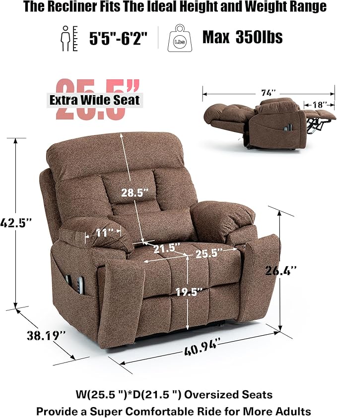 25''Oversized Lazy Boy Recliner Chair, Power Lift Recliner Chair for Elderly, Electric Recliner Chairs for Adults with Massage and Heat, Double Motor Lay Flat Recliner with Cup Holder, Side Pocket