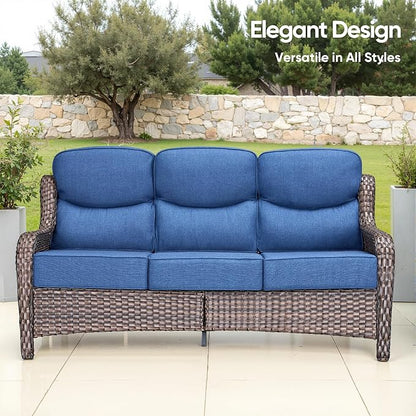 Swivel Patio Chairs sofa Set of 9 with 6" Thick Cushion - Wicker Outdoor Swivel Rocker Patio Chair ,Sofa/Glass coffee table, High Back Comfortable Outdoor Glider Chairs -Brown Wicker Blue Cushion