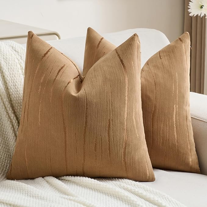 FUTEI Bronze Chenille Decorative Throw Pillow Covers 22x22 Inch Set of 2,Soft Embossed Striped Textured Cushion Case,Modern Home Decor for Couch Bed Living Room