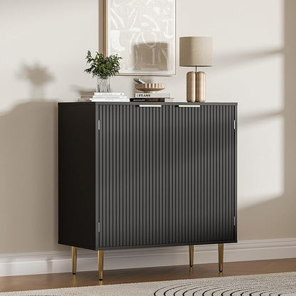 Buffet Sideboard Cabinet [Set of 2] with 4 Doors, Modern Cabinet with with Adjustable Shelf, Golden Handles & Legs, Coffee Bar Sideboard for Kitchen, Living Room, Black