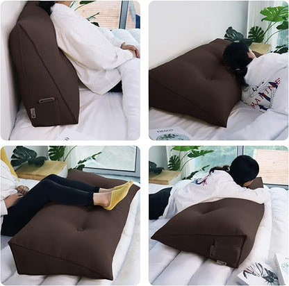 WOWMAX 85% Linen 15% Cotton Blend Headboard Pillow – Queen Size Reading Wedge Backrest for Bed, Handmade Firm Support Bolster Cushion with Removable Cover, Premium Bed Rest Pillow, Brown