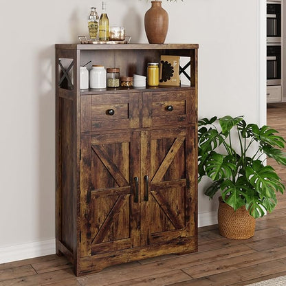 Rustic Brown Farmhouse Storage Cabinet with Barn Doors and Shelves, Freestanding Kitchen Pantry Storage Cabinet, Coffee Bar Station, Hutch Cupboard for Kitchen, Dining Room, Livingroom