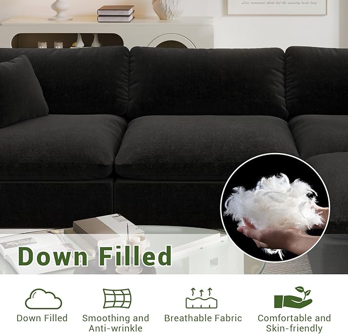 Modular Sectional Sofa,Extra Comfty Deep-Seat-Filled Couch,Black 6 Seat U Shape Sofas with Movable Ottoman,Modern Couches for Living Room, Apartment, Office,Small Space