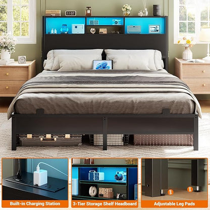 Aheaplus Headboard for Full Size Bed with Storage, Headboards with Outlets, USB Ports and LED Light, Full Size Head Board Only, Height Adjustable, Reversible, Sturdy and Stable Headboard, Black