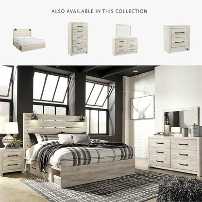Signature Design by Ashley Cambeck Farmhouse King Panel Platform Bed with 4 Storage Drawers, Cubbies, Sconce Lights and USB Ports, Foundation or Box Spring Not Needed, Whitewash
