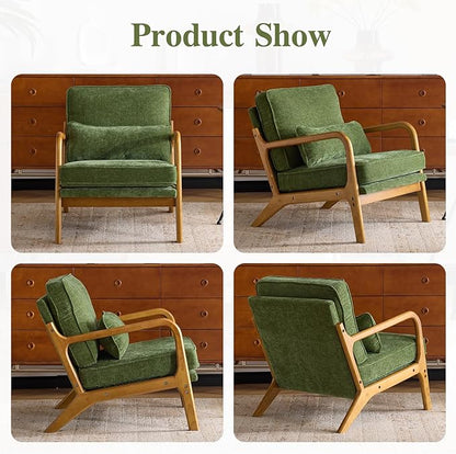 Karl home Mid Century Modern Accent Chair with Lumbar Pillow & Oak Arms – Plush Chenille Living Room Chair for Bedroom, Lounge (Olive Green)
