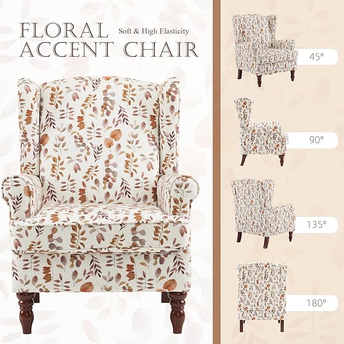MELLCOM Floral Accent Chair, High Back Upholstered Armchair with Solid Legs, Leisure Single Sofa Chair for Living Room, Bedroom, Home Office, Orange Leaves