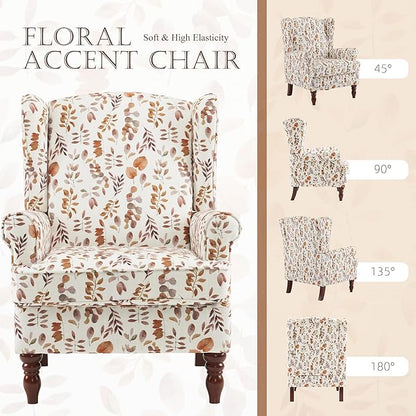 MELLCOM Floral Accent Chair, High Back Upholstered Armchair with Solid Legs, Leisure Single Sofa Chair for Living Room, Bedroom, Home Office, Orange Leaves