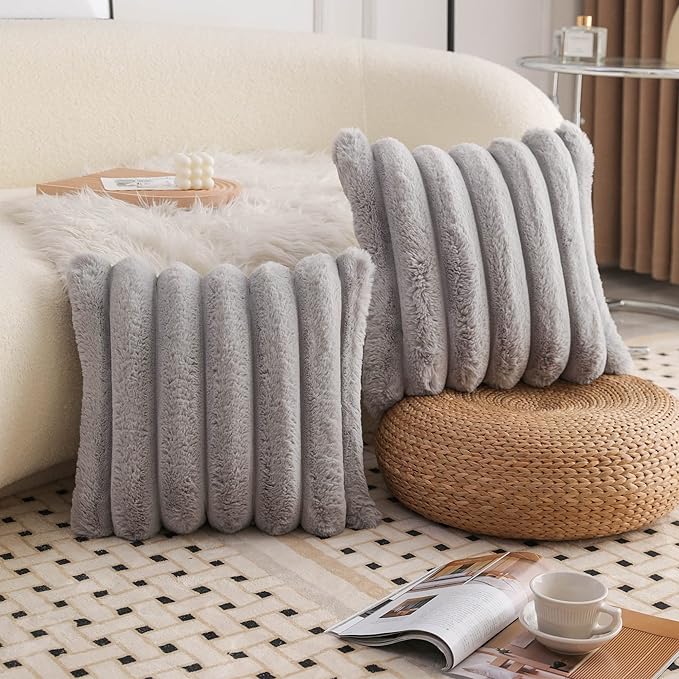 Neelvin Grey Faux Fur Cozy Soft Striped Decorative Throw Pillow Covers 22x22 inch Set of 2,Velvet Pillowcase Cushion Case for Sofa Couch
